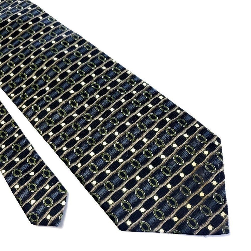 Romario Manzini Blue‎ Green Abstract Print Polyester Wide Tie